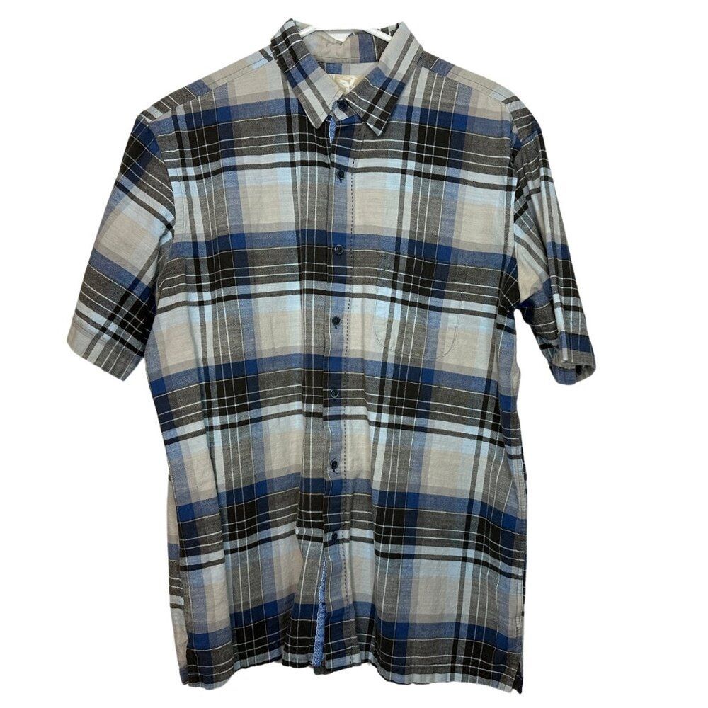 Tasso Elba Blue and White Short Sleeve Collared Shirt | Mens L Plaid Coastal